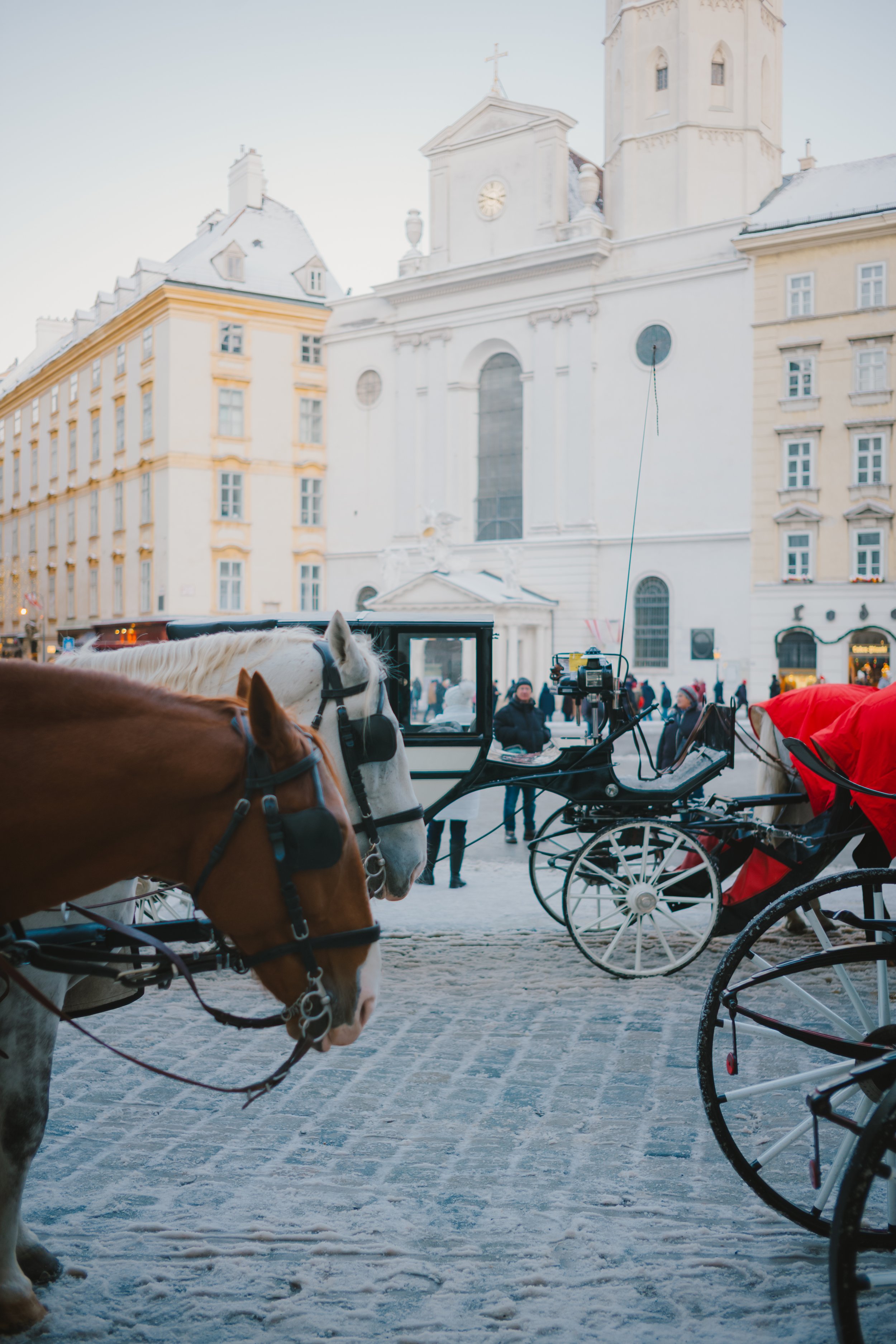 Several horses harnessed to carriages in a winter city square with historic buildings and a church in the background.