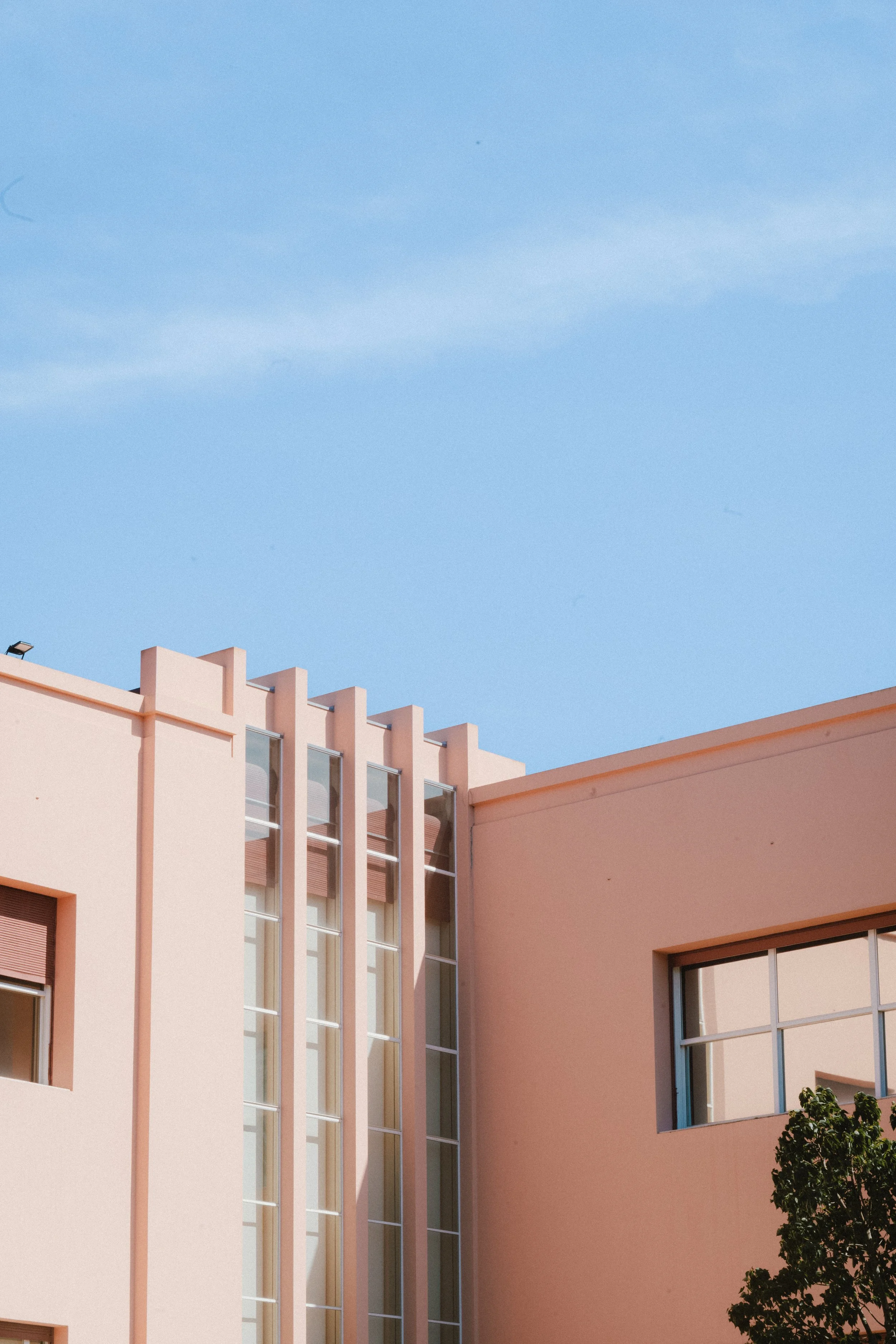 A modern peach-colored building with tall, narrow windows and decorative vertical beams, against a clear blue sky, with a leafy tree in the corner.