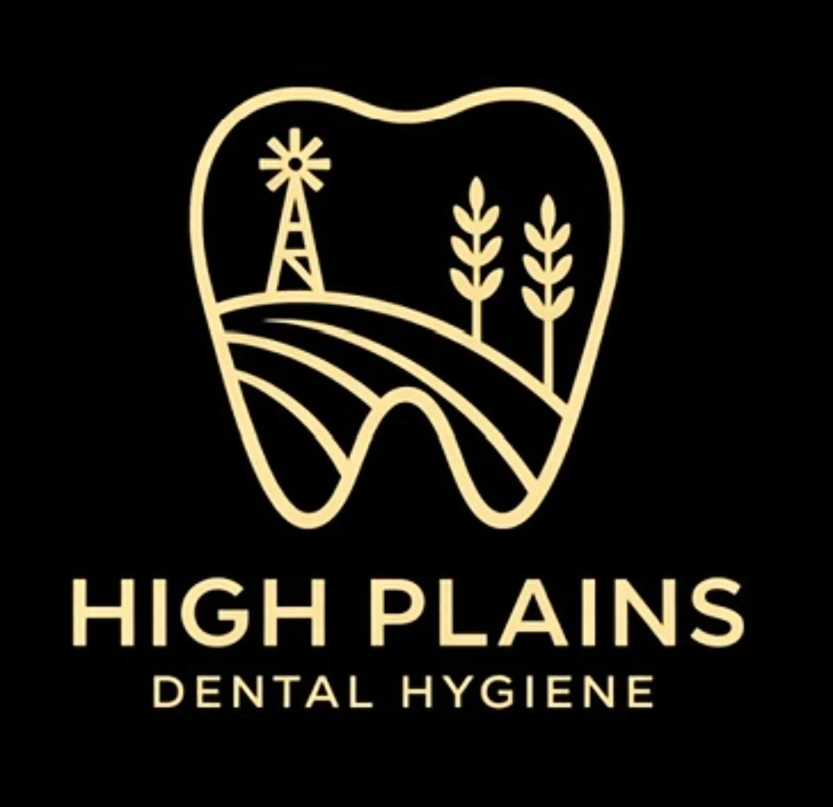 Logo with a tooth outline featuring a windmill and two wheat stalks, accompanied by the text 'High Plains Dental Hygiene' on a black background.