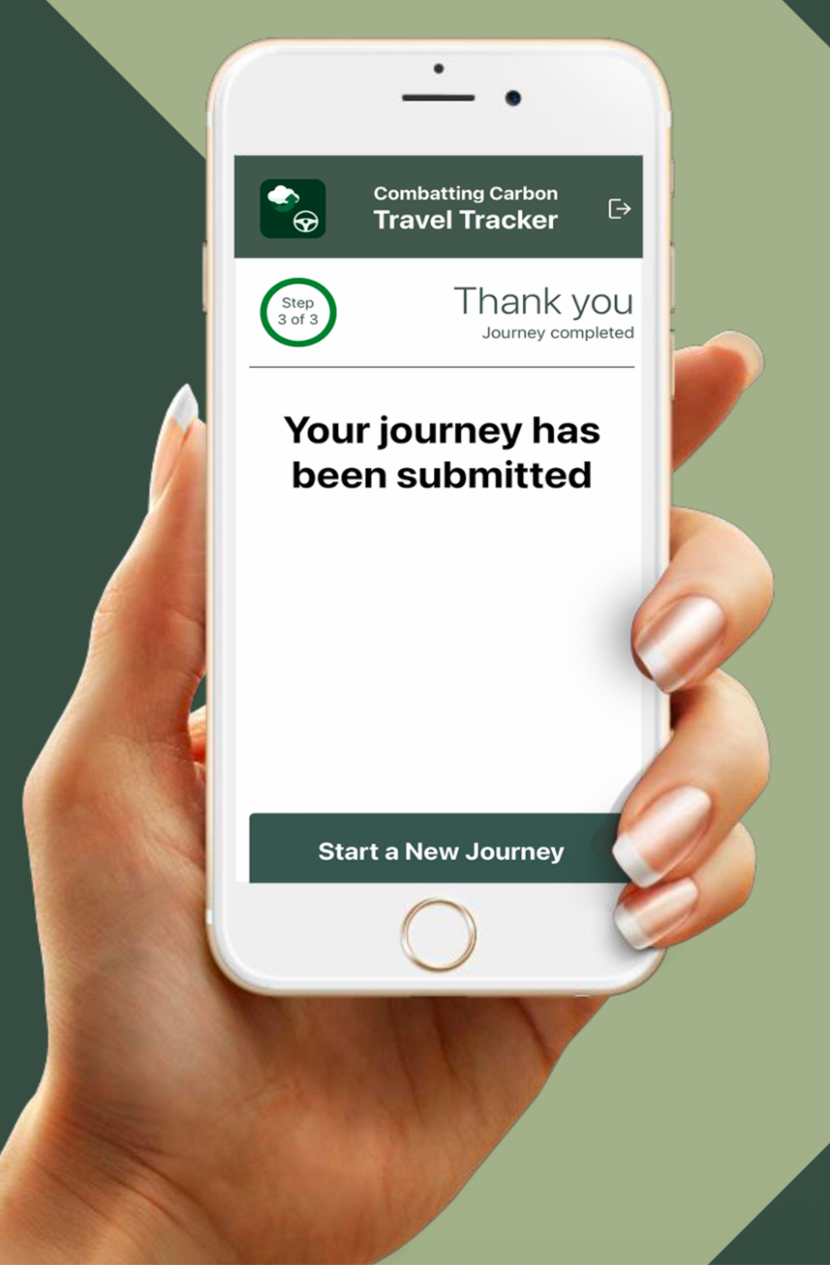 hand holding a phone showing the travel tracker app