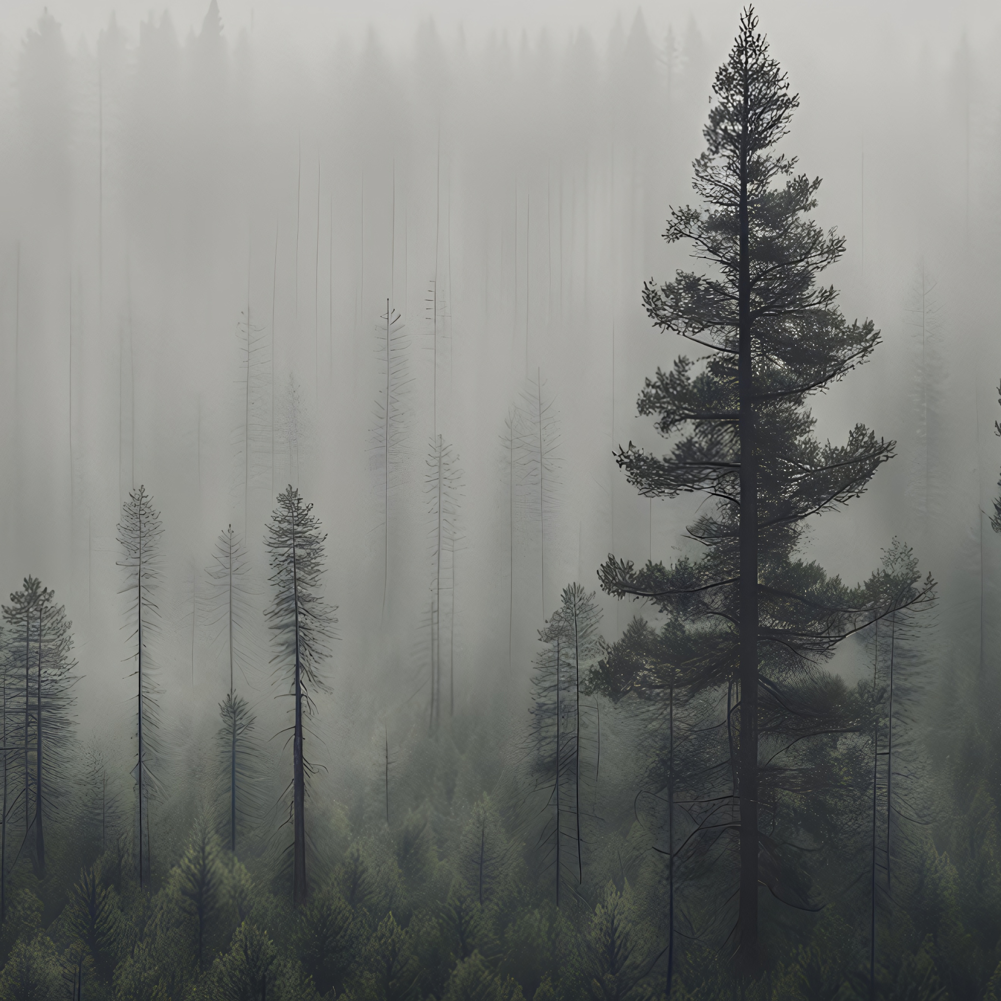 A foggy forest scene with tall pine trees and dense green foliage at the bottom, with a layer of fog obscuring the background.