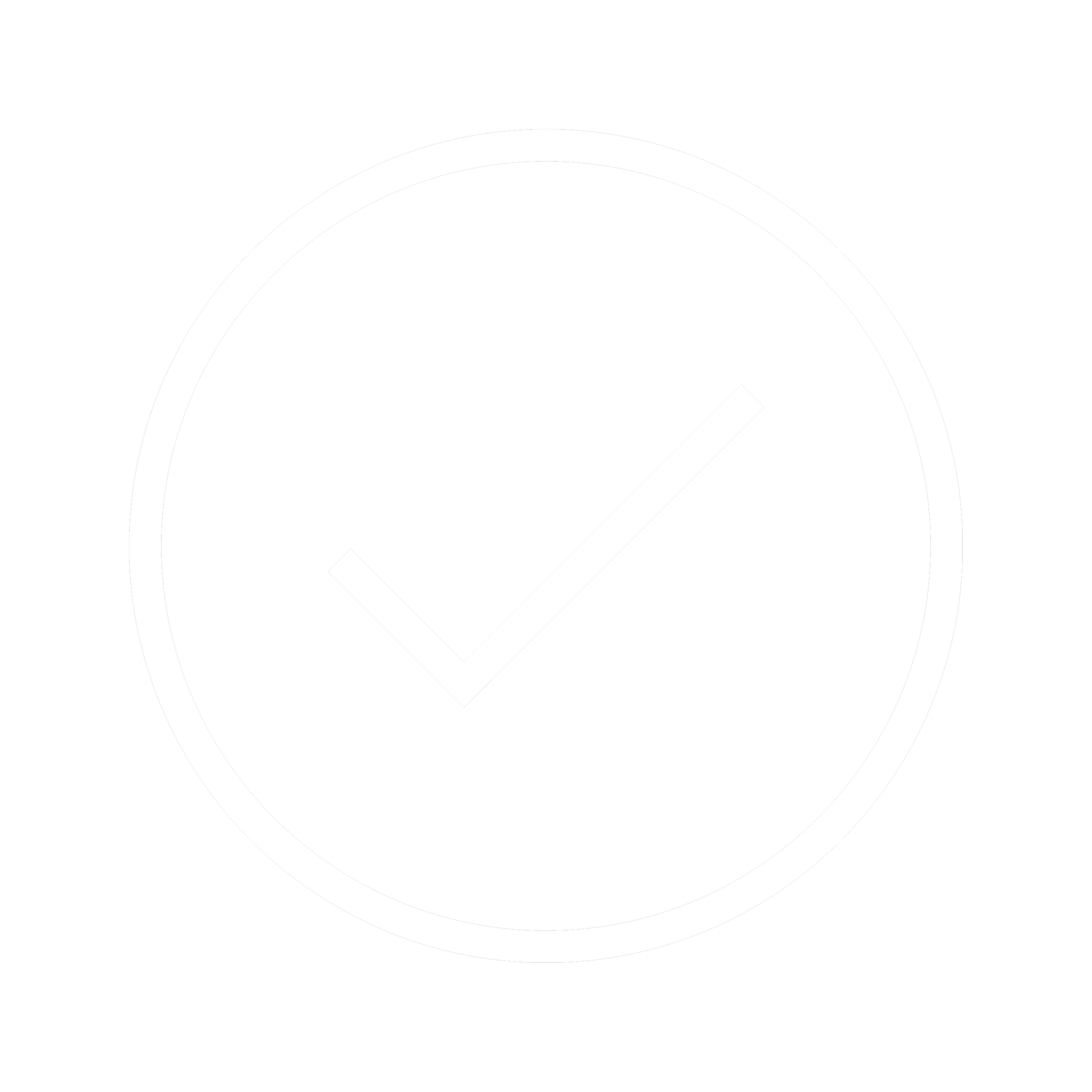 White circular symbol with a checkmark inside, set against a black background.