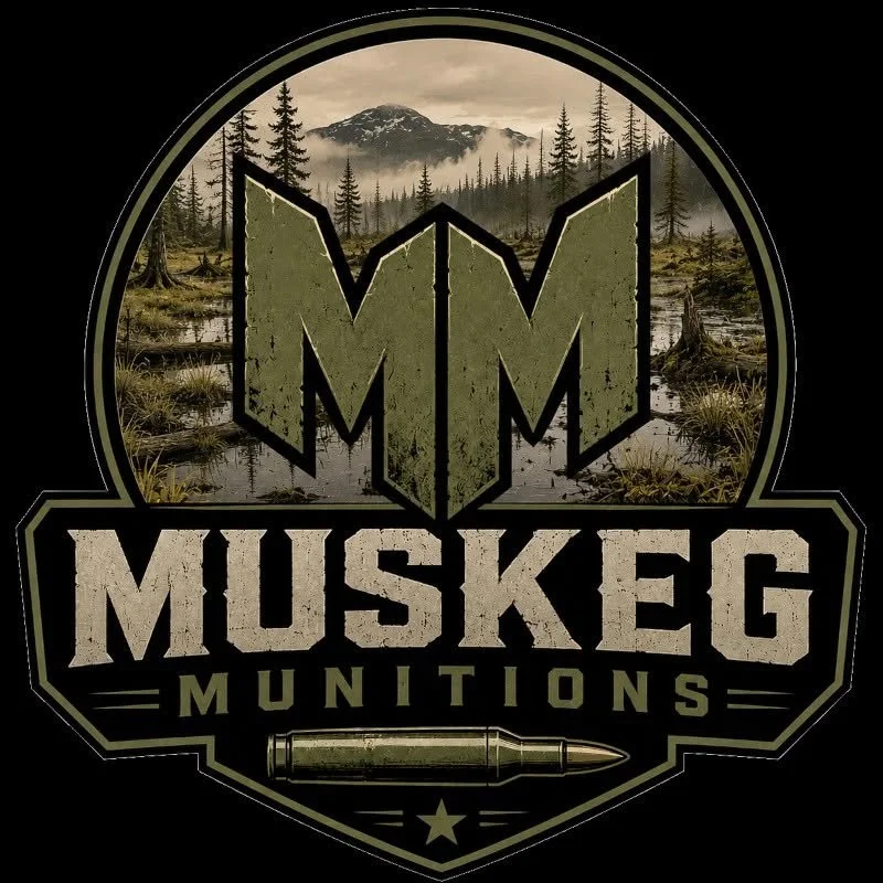 Muskeg Munitions logo featuring a stylized M with a mountain and forest background, a bullet at the bottom, and bold text.