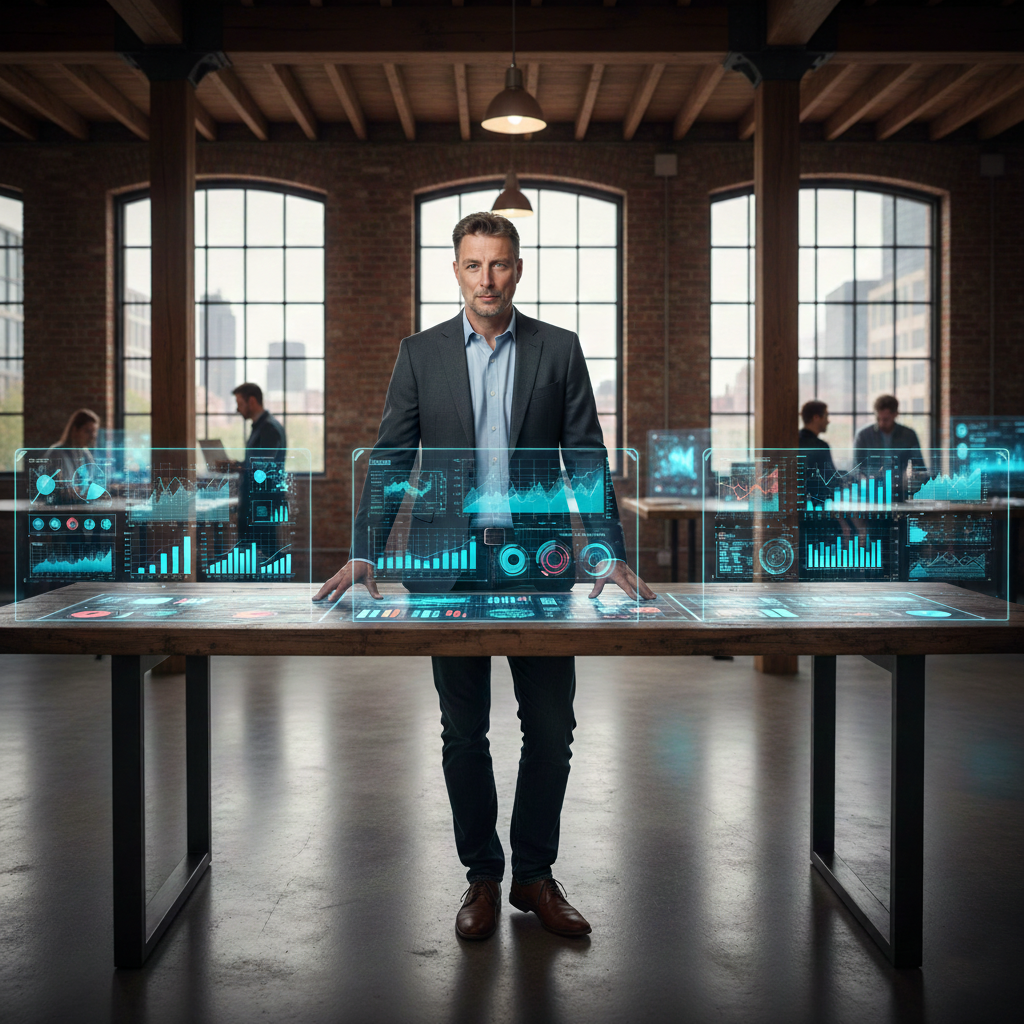 A man in a business suit standing behind a high-tech futuristic table with holographic charts, graphs, and data visualizations, in a large industrial-style office with tall windows.