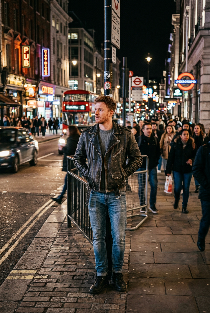 A young man wearing a black leather jacket and jeans standing on a busy city sidewalk at night, with illuminated storefronts and neon signs, including a pub and underground signs, in the background.