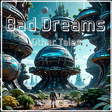 Book title cover image for "Bad Dreams & Other Tales" by H Robert Mac A cityscape with towering, complex structures and advanced spacecraft.