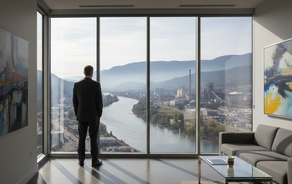 A man in a suit standing in a modern office, looking out through large floor-to-ceiling windows at a river, mountains, and cityscape.