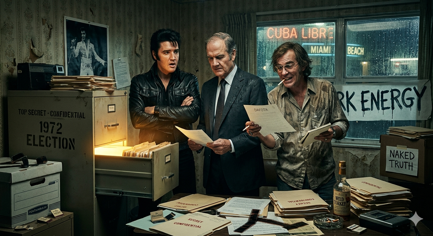 Three men gather around a desk with files and documents in a cluttered office, with climate signs and a window in the background