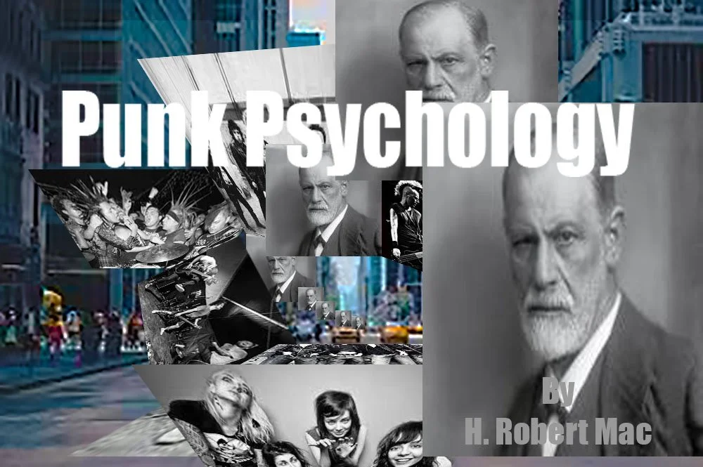 Book Cover image titled "Punk Psychology" by H. Robert Mac,  collage featuring portraits of a man with a beard, punk children, and a group of punk fans at a concert, set against cityscape backgrounds.