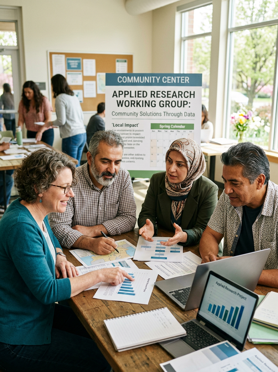 Group of four diverse people engaged in a discussion at a community center, seated around a wooden table with documents, laptops, and charts, with a large informational poster about applied research working group in the background.