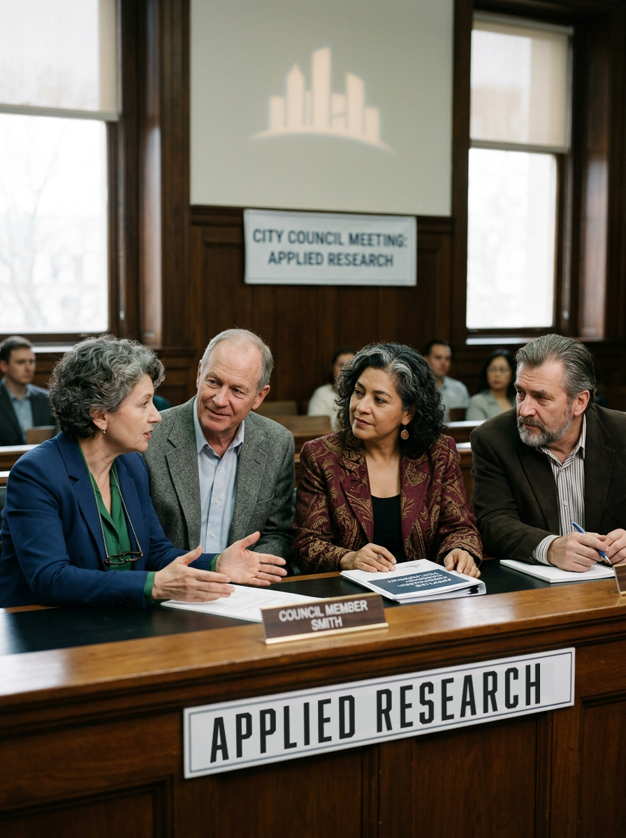 Four people seated at a table during a city council meeting, engaged in conversation. There are papers and a nameplate on the table. A sign behind them reads 'City Council Meeting: Applied Research,' and a logo is projected on the wall above.