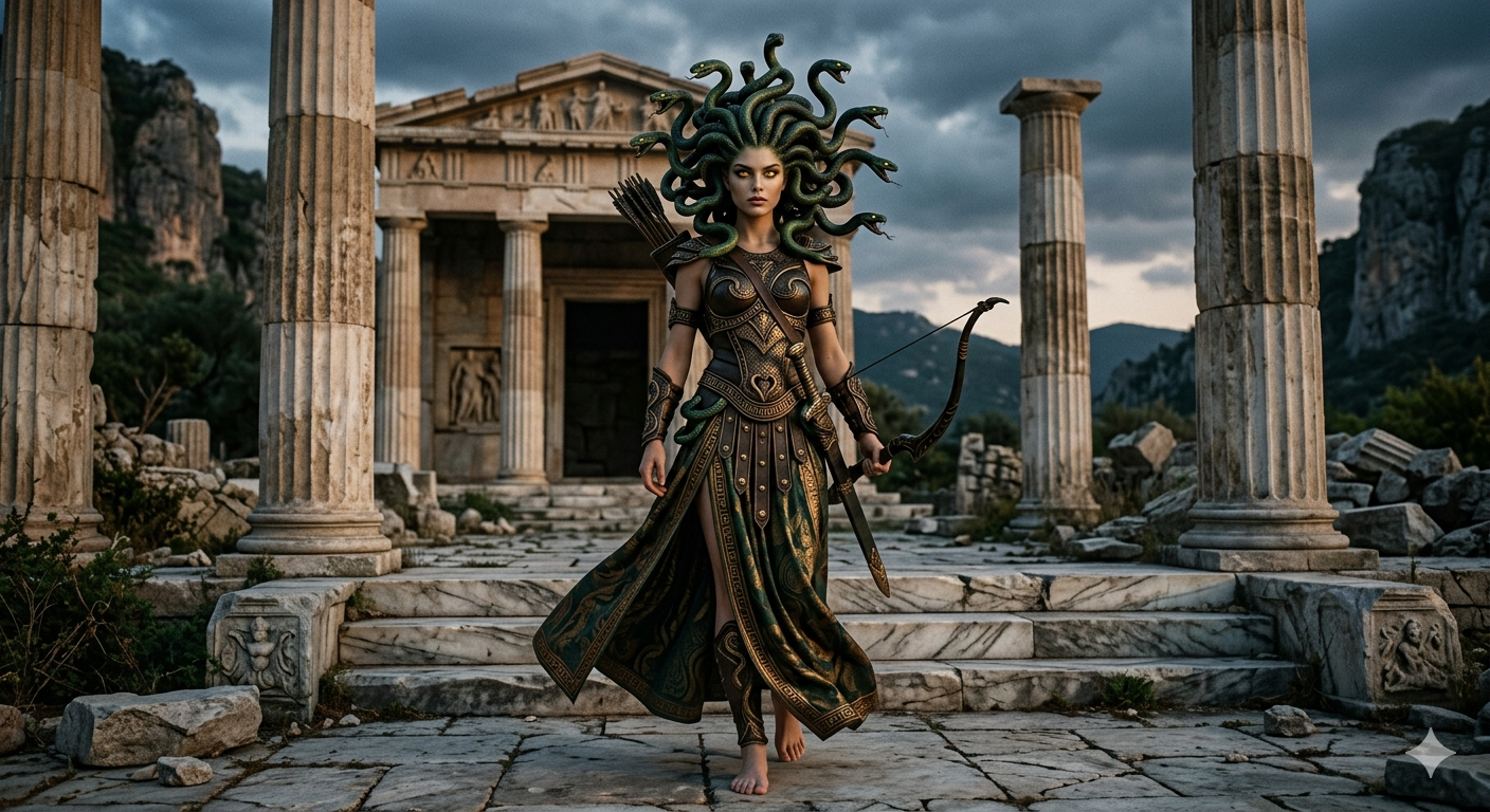 A woman dressed as an ancient Greek mythological figure with Medusa-like snake hair stands barefoot among the ruins of a Greek temple.