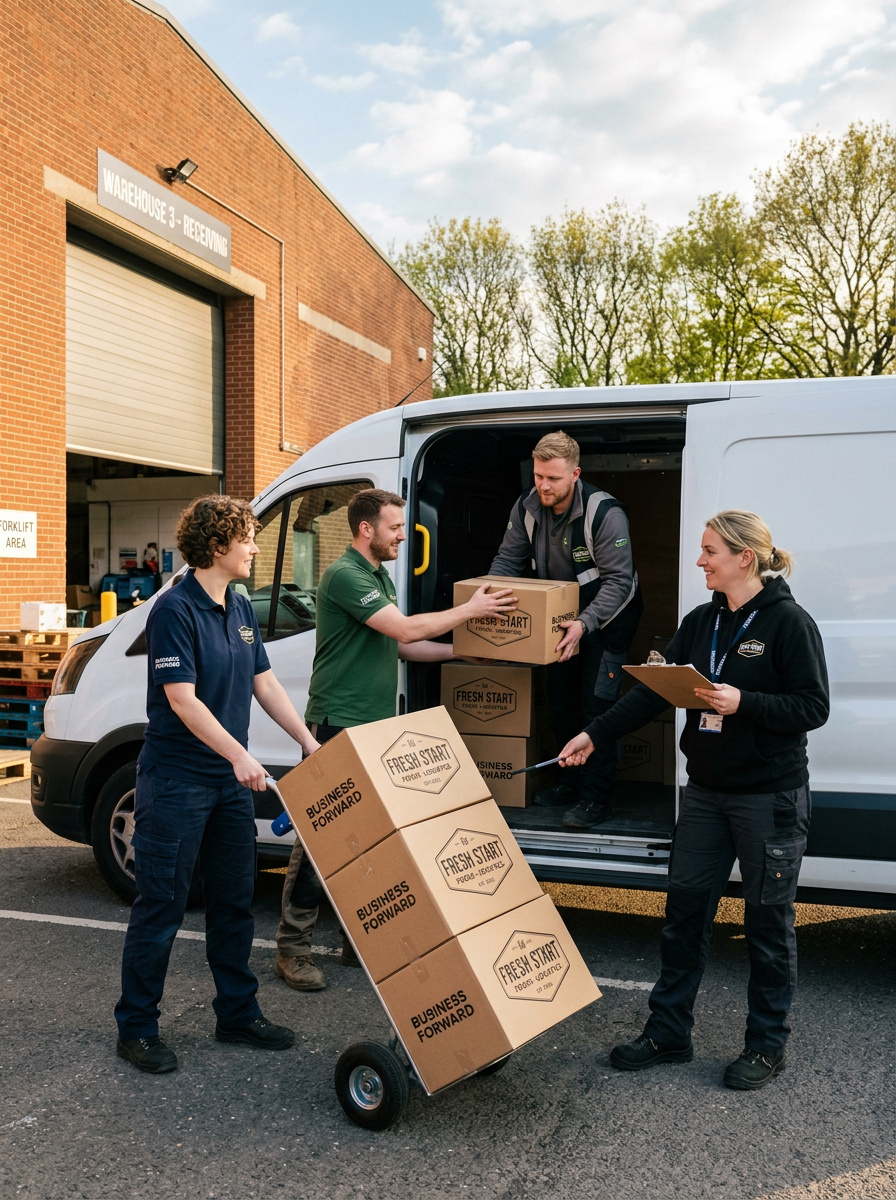 Four workers unloading boxes from a white delivery van outside a red brick warehouse. One worker is inside the van handing a box to another worker on the ground, while a woman on a clipboard and a third worker with a hand truck are assisting with delivery logistics.