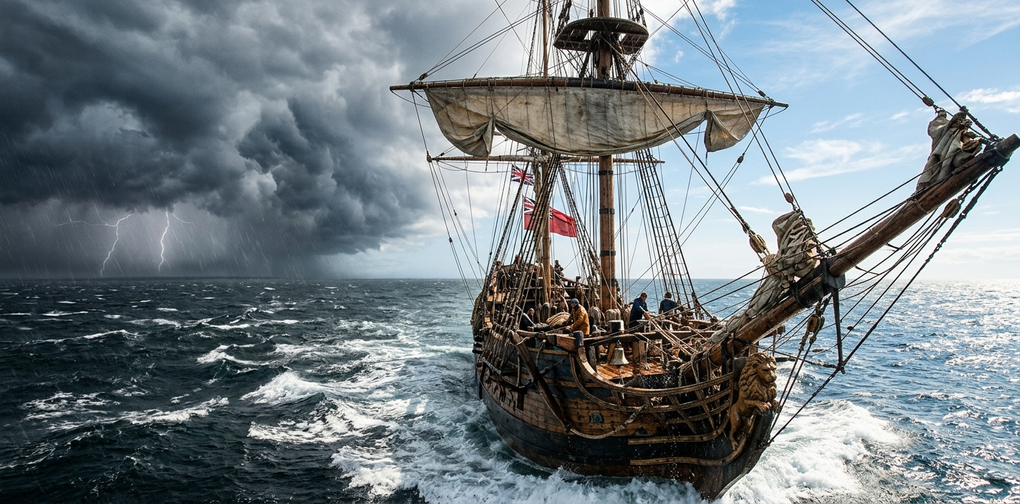 A historic sailing ship with wooden hull and multiple sails navigating through choppy ocean waters during a storm, with dark clouds and lightning in the background.