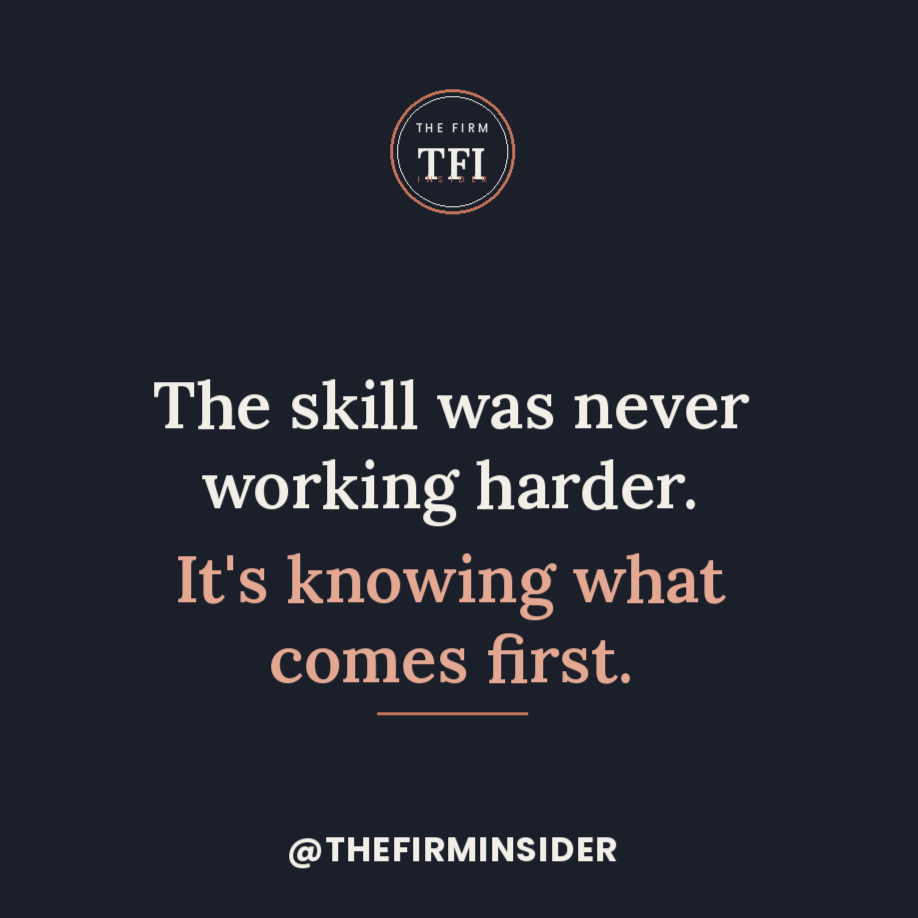 The image contains a quote that says, "The skill was never working harder. It's knowing what comes first." The quote is from @THEFIRMINDSIDER, and the background is dark with light-colored text. The logo of The Firm TFI is at the top.