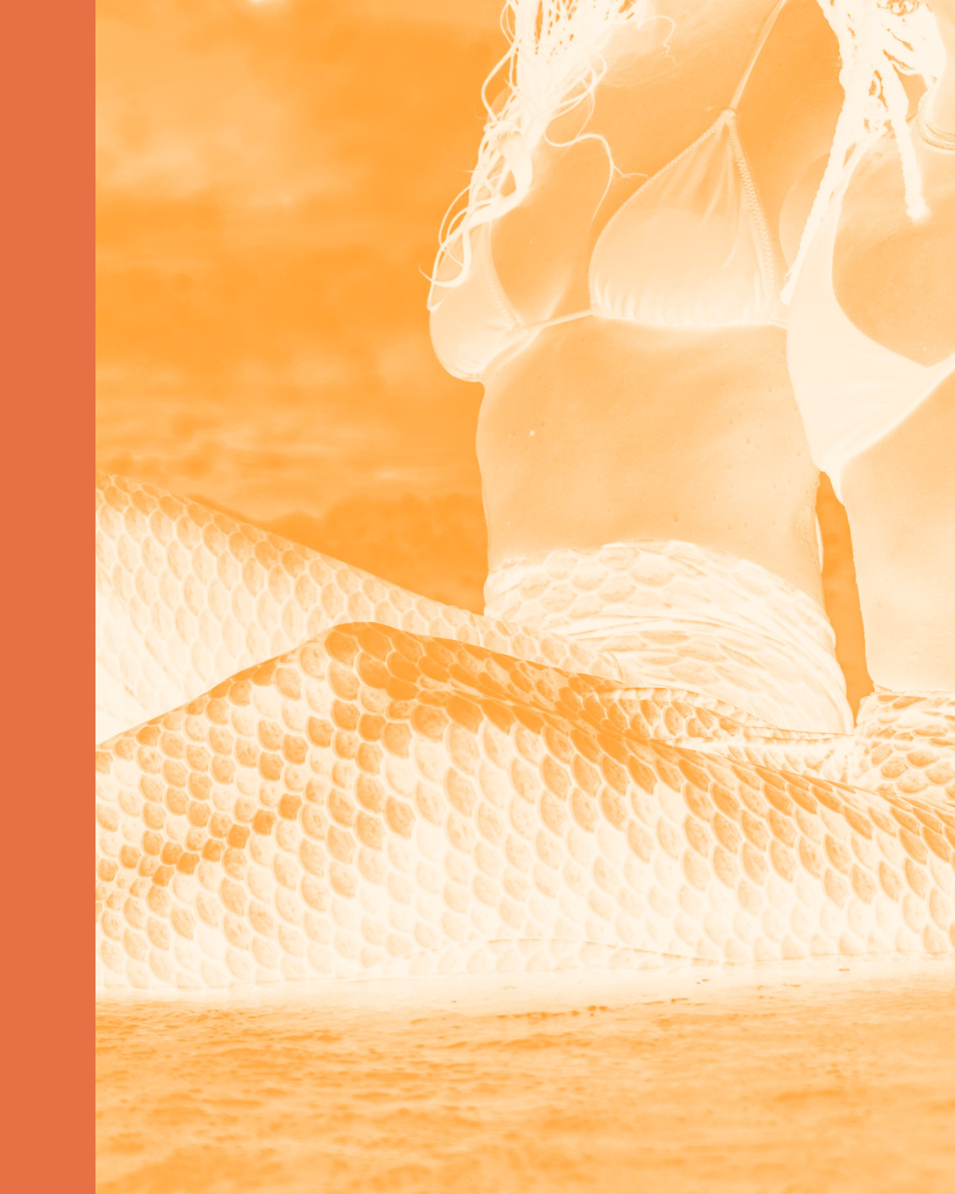 Inverted, negative effect photo of a woman in a bikini sitting on a beach with fish scales, water, and sky in the background.