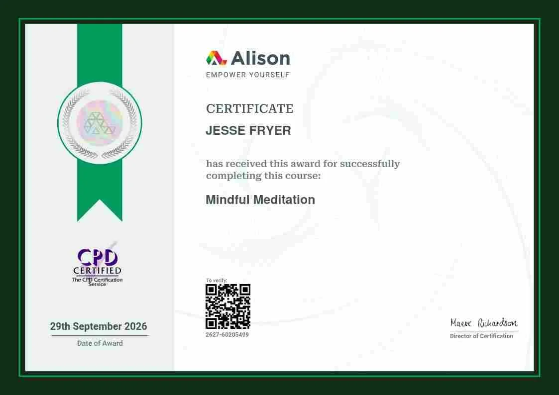 Alison Mindful Meditation certificate awarded to Jesse Fryer on September 29, 2026
