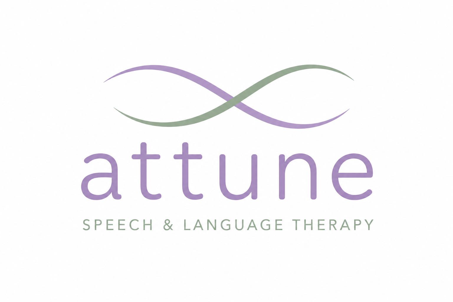 Logo for attune Speech & Language Therapy, featuring two intertwined wave-like lines above the company name in purple and green colors.
