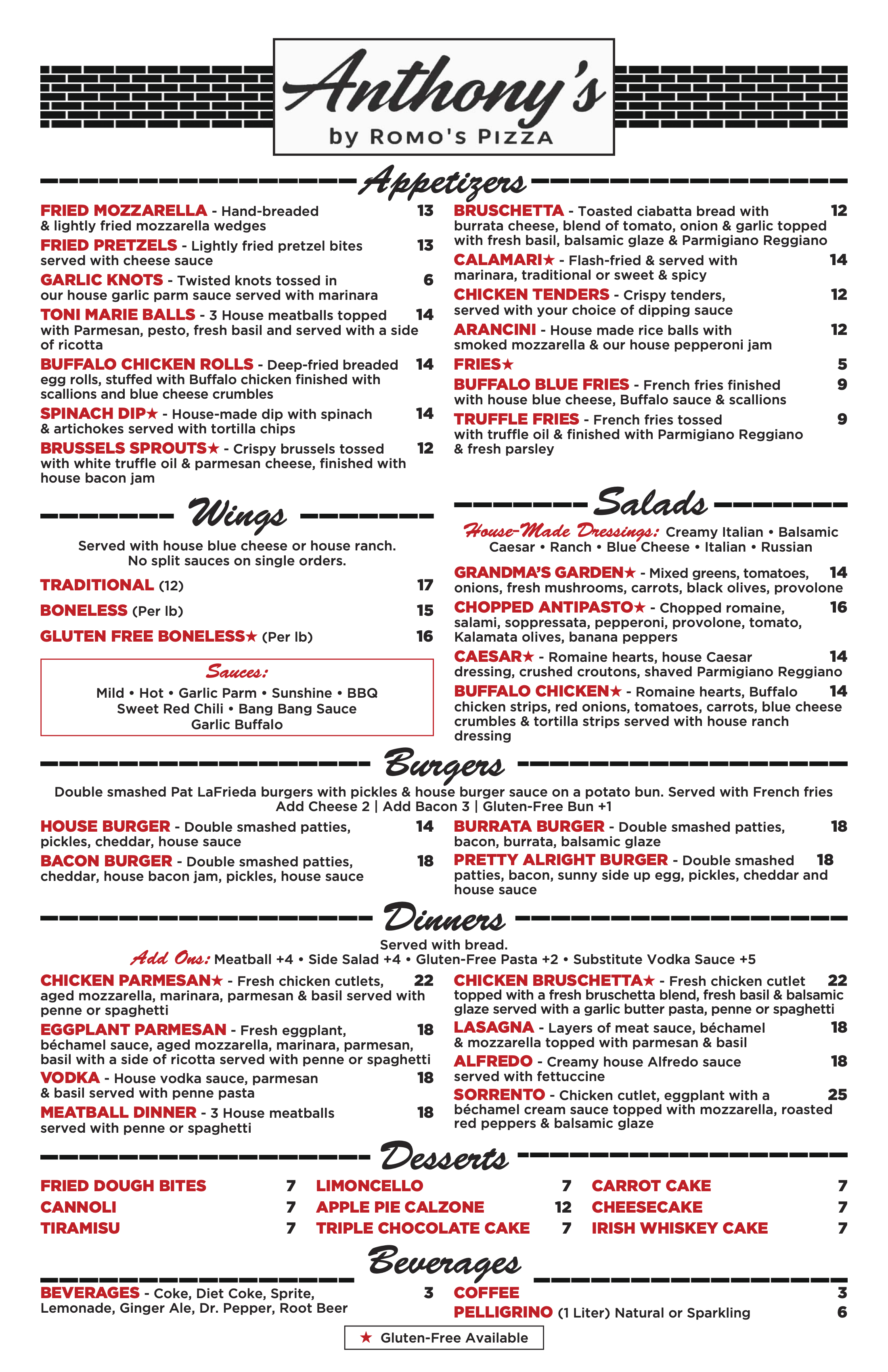 A restaurant menu for Anthony's by Romo's Pizza, listing appetizers, wings, salads, burgers, desserts, beverages, with various food items and prices.