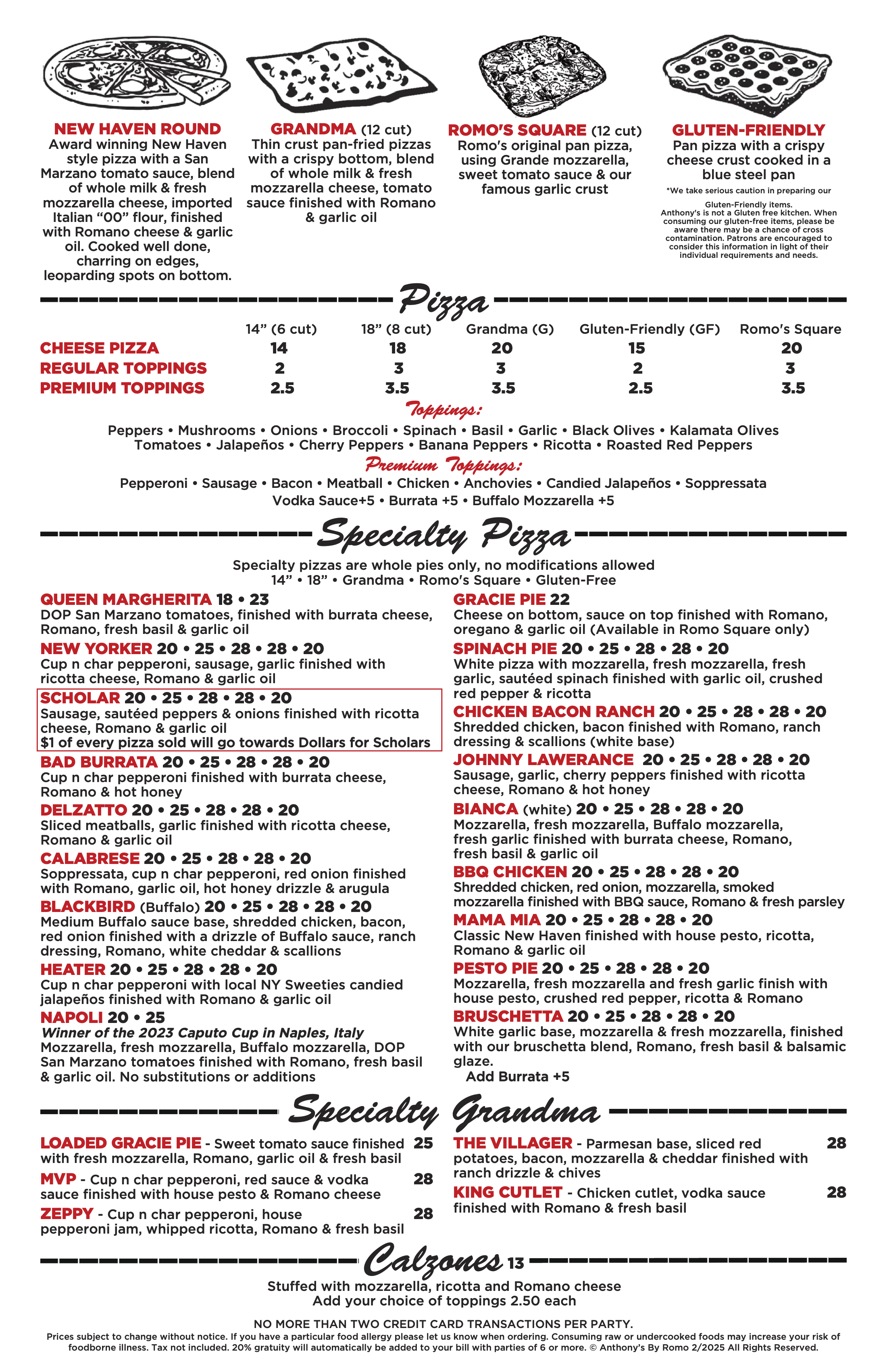 Menu featuring various types of pizzas, including New Haven Round, Grandma, Romo's Square, Gluten-Free, and specialty pizzas like Queen Margherita and BBQ Chicken, along with add-on toppings and calzones.
