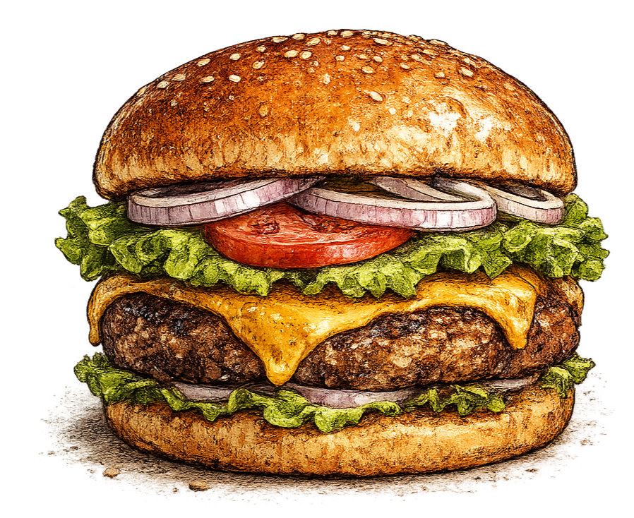 A cheeseburger with a sesame seed bun, lettuce, tomato, onions, a beef patty, melted cheese, and pickles.