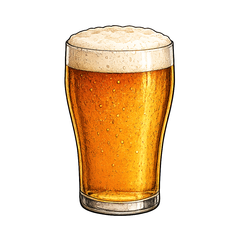 A pint glass filled with beer, topped with a foamy head.