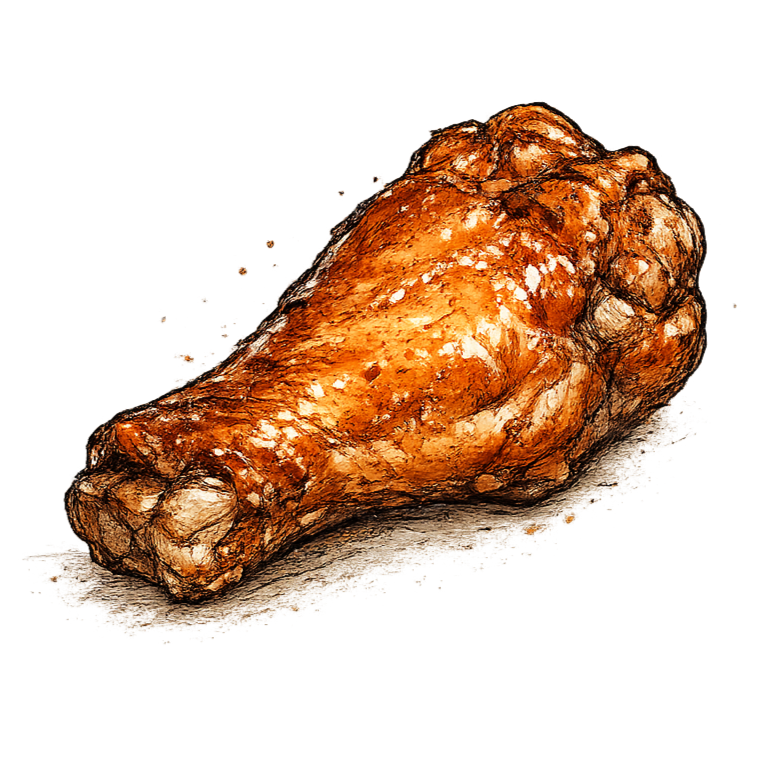Illustration of a cooked chicken drumstick with crispy, browned skin.