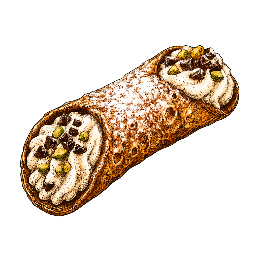 A digital illustration of a cannoli pastry filled with white cream and topped with chocolate chips and chopped pistachios on a black background.