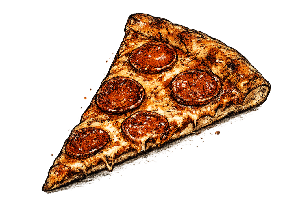 A slice of pepperoni pizza with melted cheese and pepperoni slices.