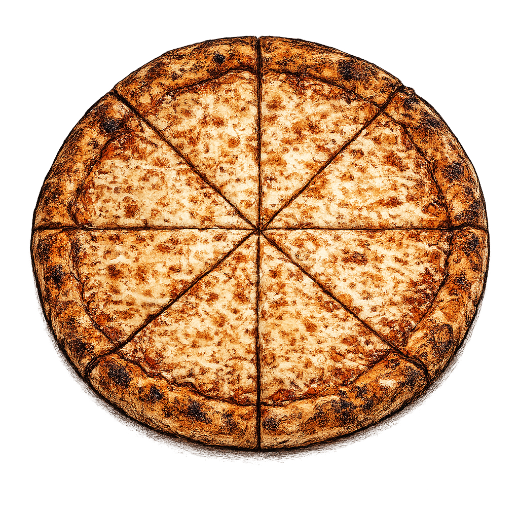 A whole cheese pizza sliced into eight pieces, with a slightly browned crust and melted cheese topping.