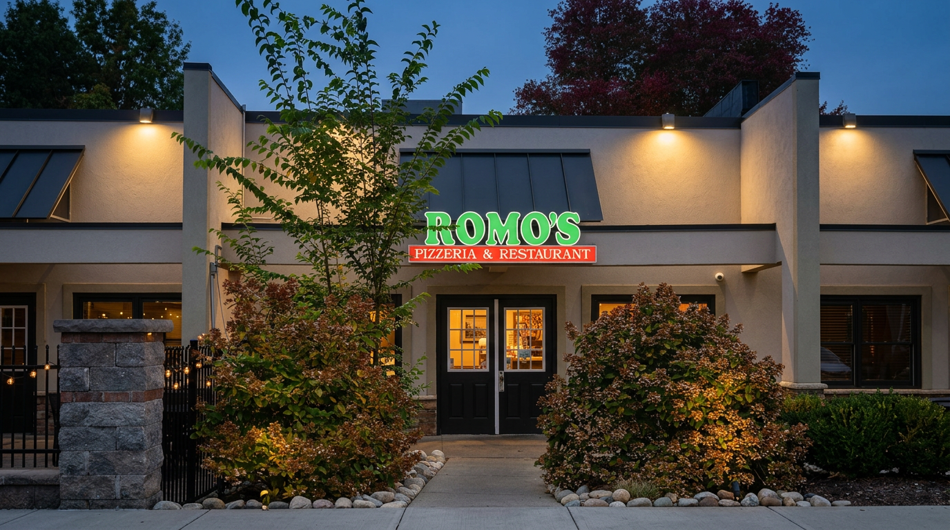 Front view of Romo's Pizzeria & Restaurant with a lit neon sign, two bushes, and a sidewalk leading to the entrance at dusk.