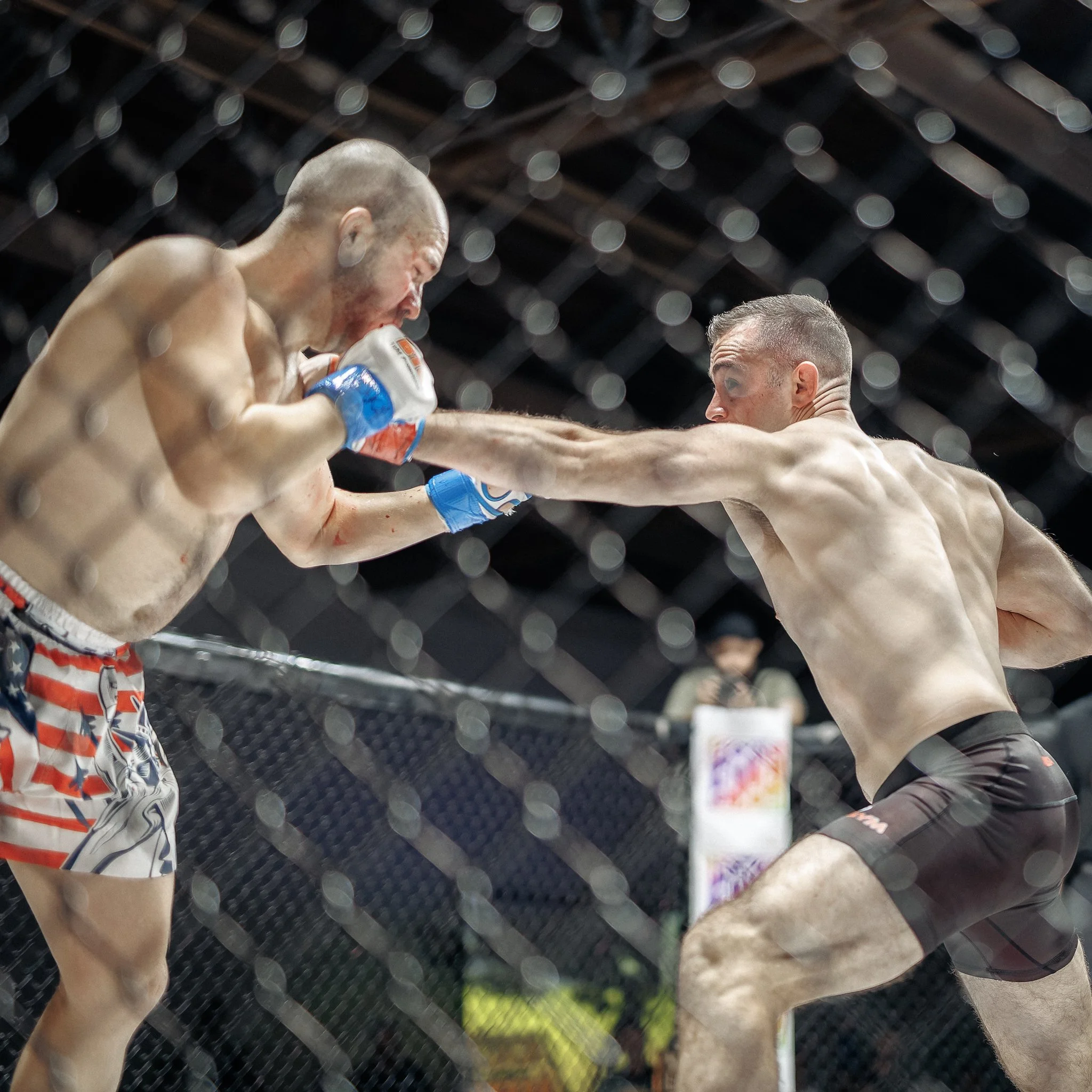 Two male fighters engaged in a mixed martial arts fight inside a cage, with one delivering a punch to the other's face.
