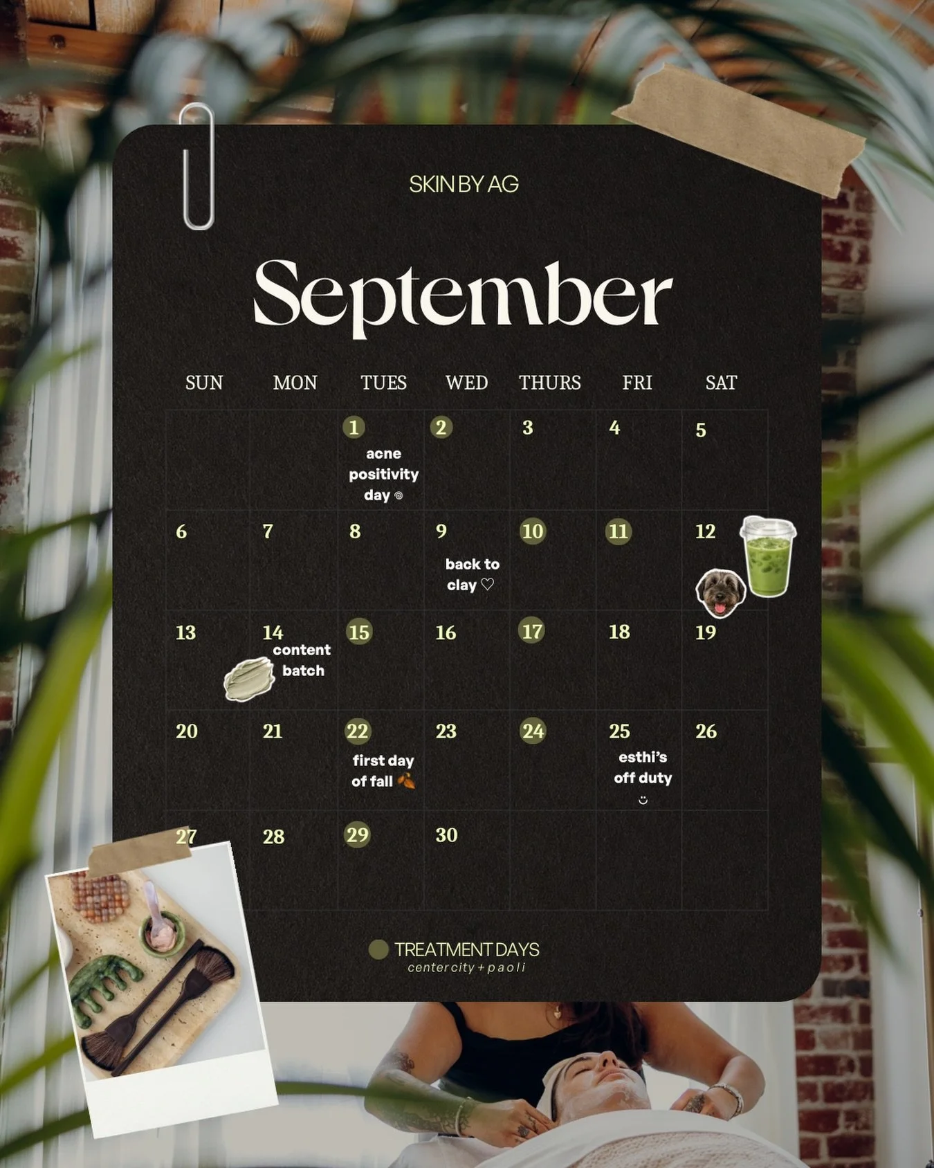 september has entered the chat 🤎

treatment days are highlighted, with clay, content days + some life mixed in between.

this time of year is one of my favorites for skin because we&rsquo;re starting to shift out of summer mode - think addressing th