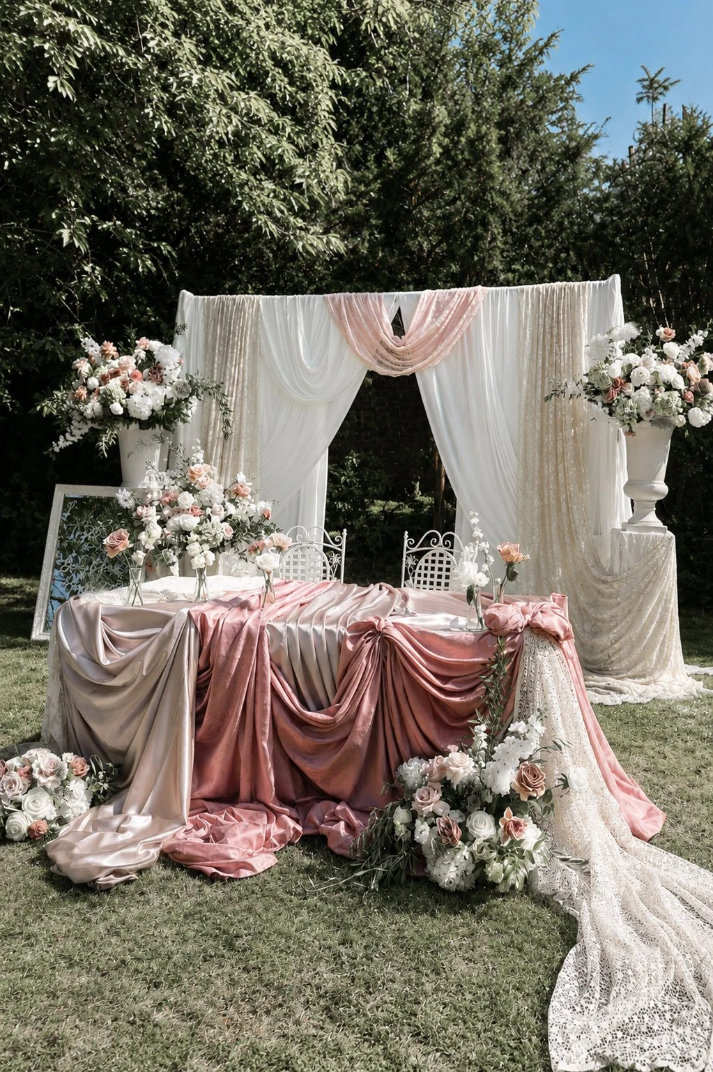 Elegant outdoor wedding altar draped in white and blush pink fabric with floral arrangements of white and pink roses, white lilies, and greenery. Lush trees in the background, sunny weather.