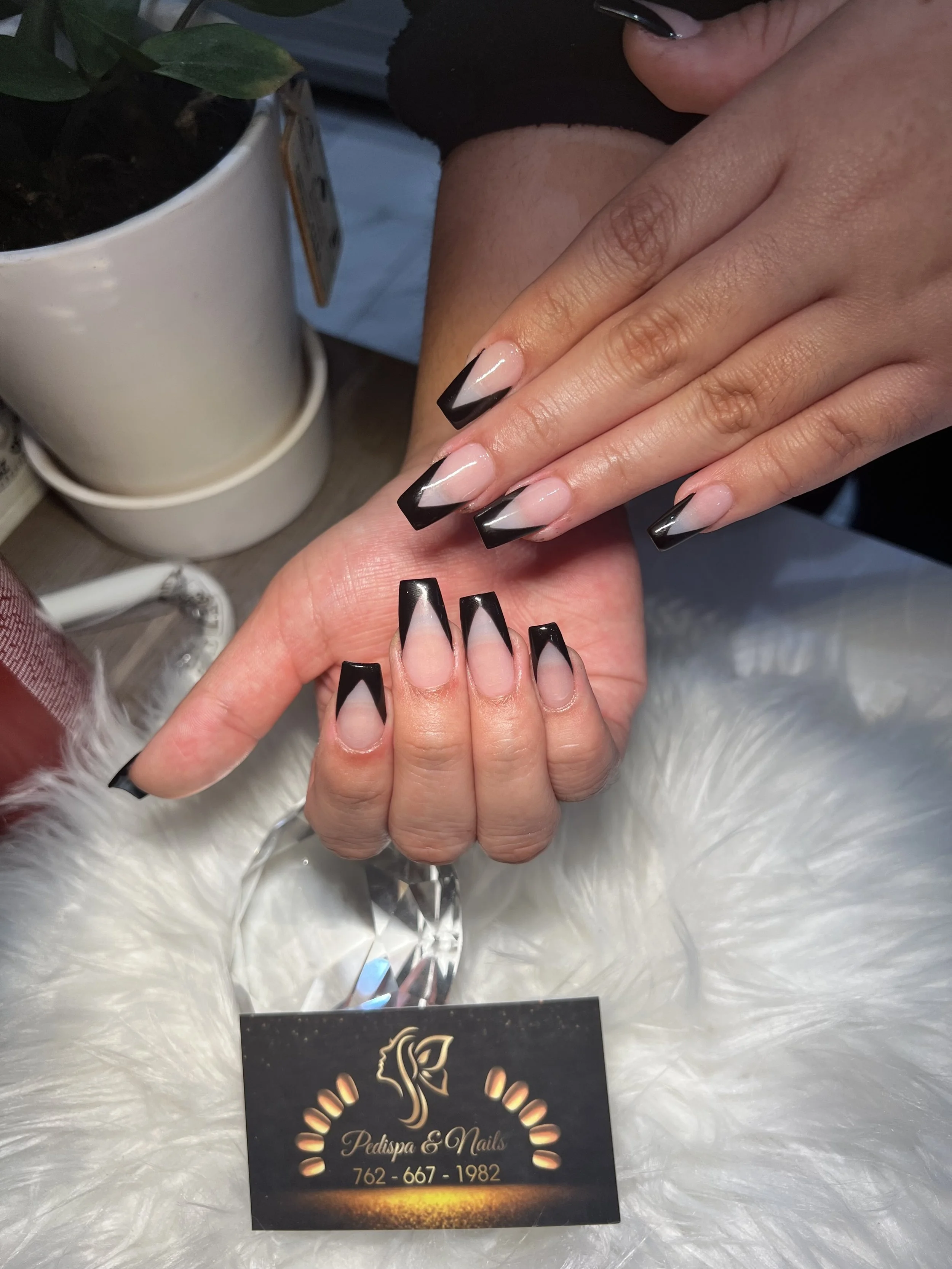Close-up of a person's hand with freshly manicured black French tips with white accents. In the background, there is a potted plant, a small white container, and a business card for Pedispa & Nails.