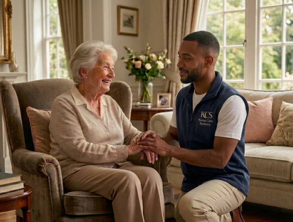 A young male caregiver kneeling and holding hands of an elderly woman sitting in a living room, both smiling and engaging in conversation. The room has large windows with curtains, and there are flowers and framed photos in the background.