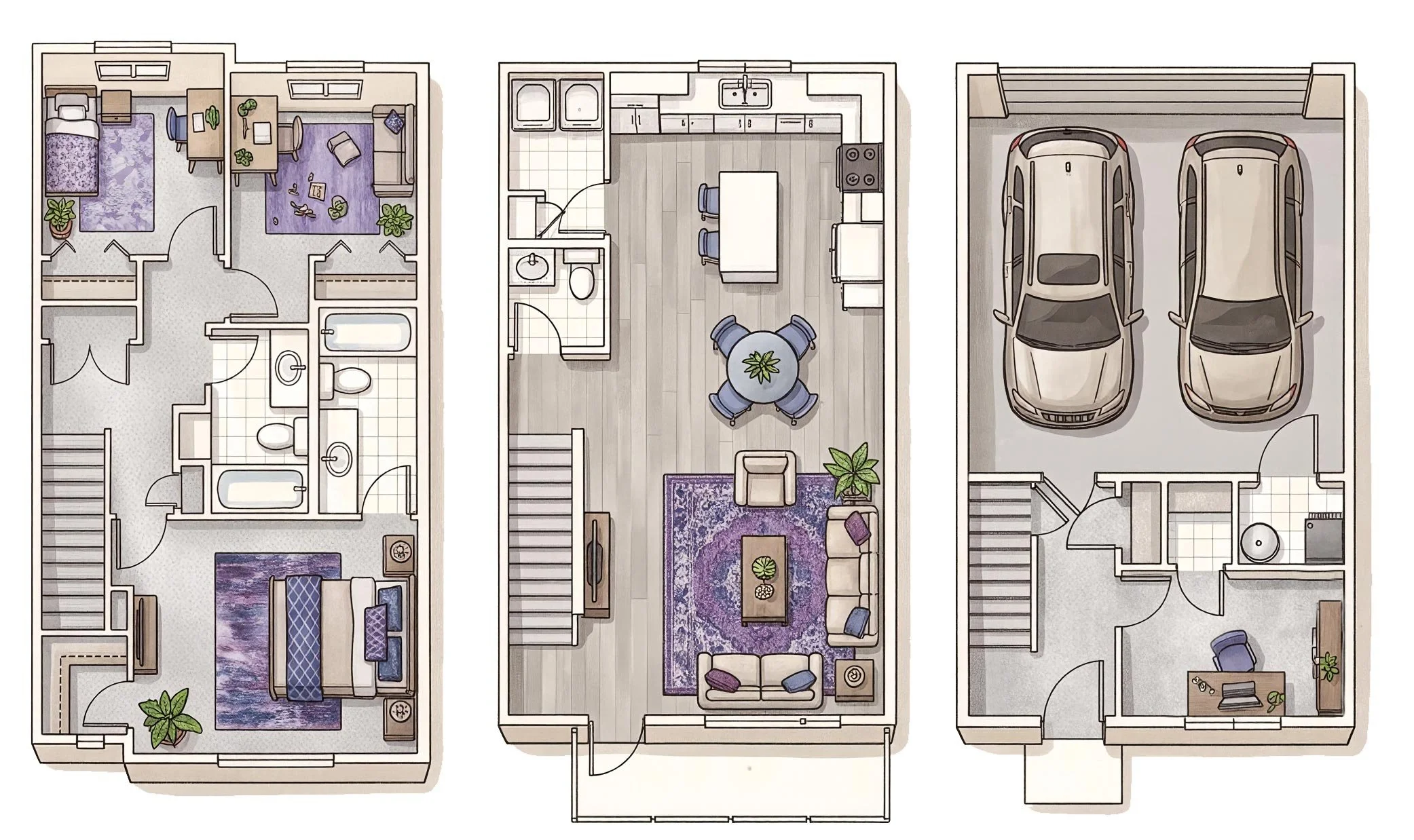 Floor plan of a three-story house showing bedrooms, bathrooms, kitchen, living room, and garage with two cars.