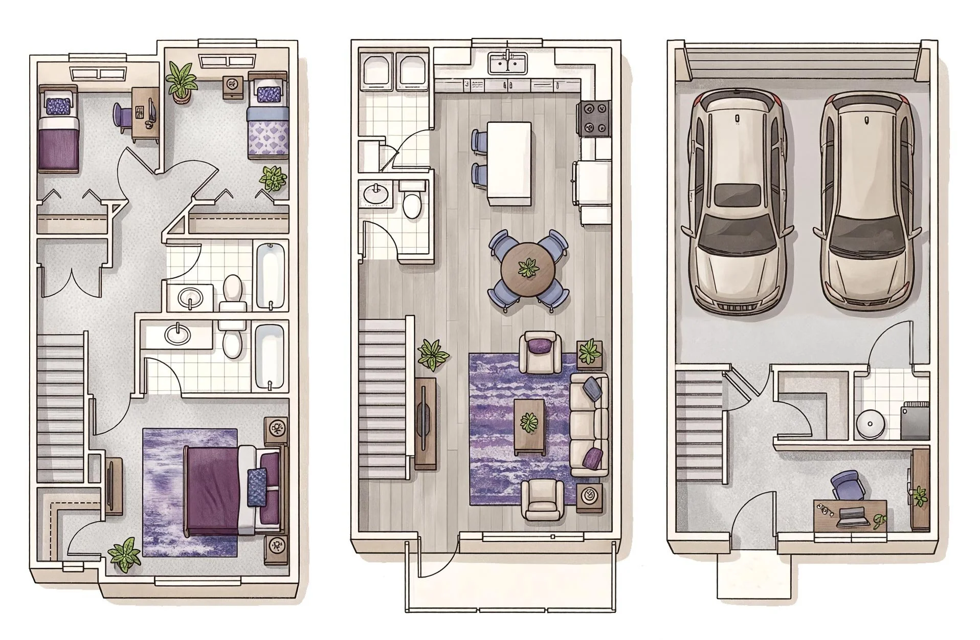 A detailed floor plan of a multi-story house including bedroom, bathroom, living room, kitchen, and garage with two cars.