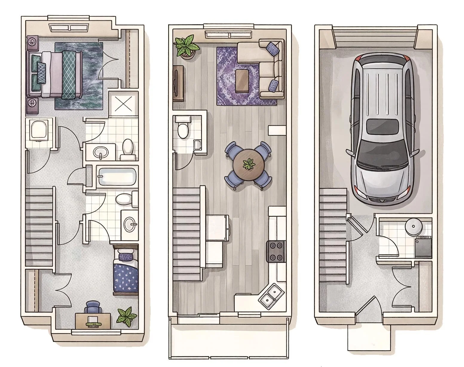Floor plan of a three-story house showing a bedroom, bathroom, and office on the first floor, a living room, dining area, and kitchen on the second floor, and a garage and laundry room on the third floor.