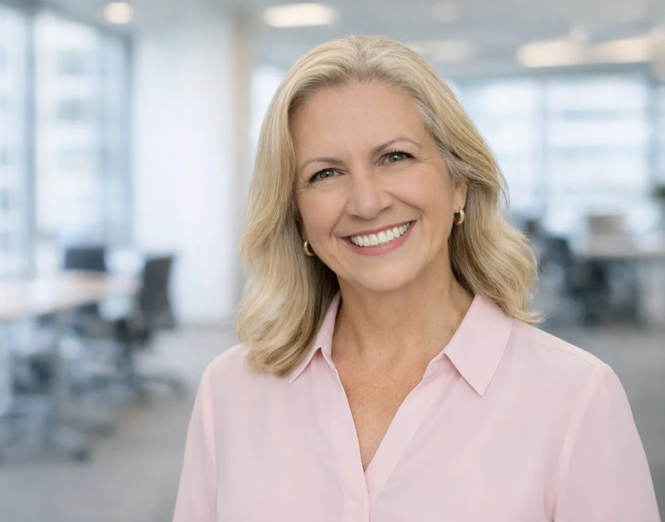 A smiling middle-aged woman with blonde hair in a pink blouse in an office setting.