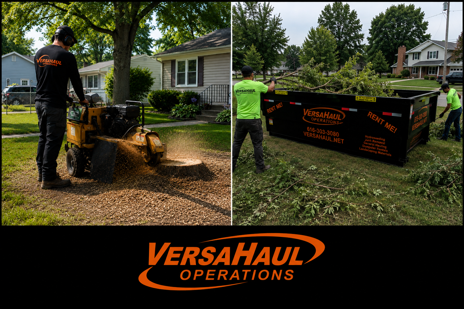 Two workers from Versahaul Operations performing yard work in residential neighborhoods. One is using a leaf blower or similar equipment, and the other is handling tree branches near a large black dumpster. The company's logo and contact information are visible.