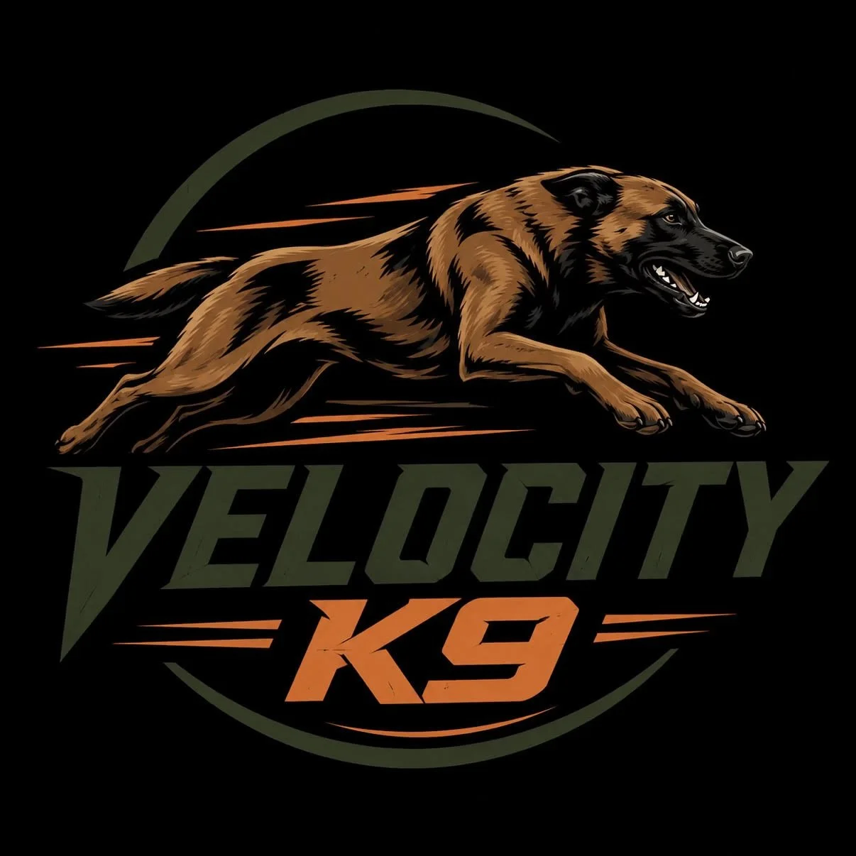 Speedy K9 logo featuring a running brown and black dog with the text 'Velocity K9' on a black background.