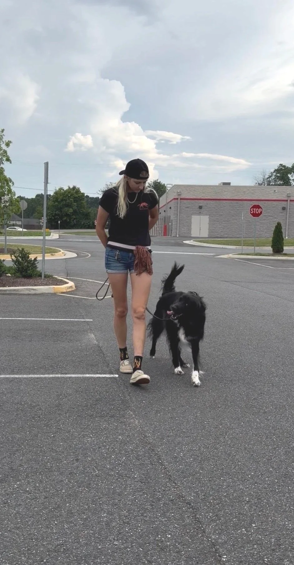 A young woman with long blonde hair, wearing a black baseball cap, black t-shirt, denim shorts, and sneakers, walks a black and white dog in a parking lot during daytime.