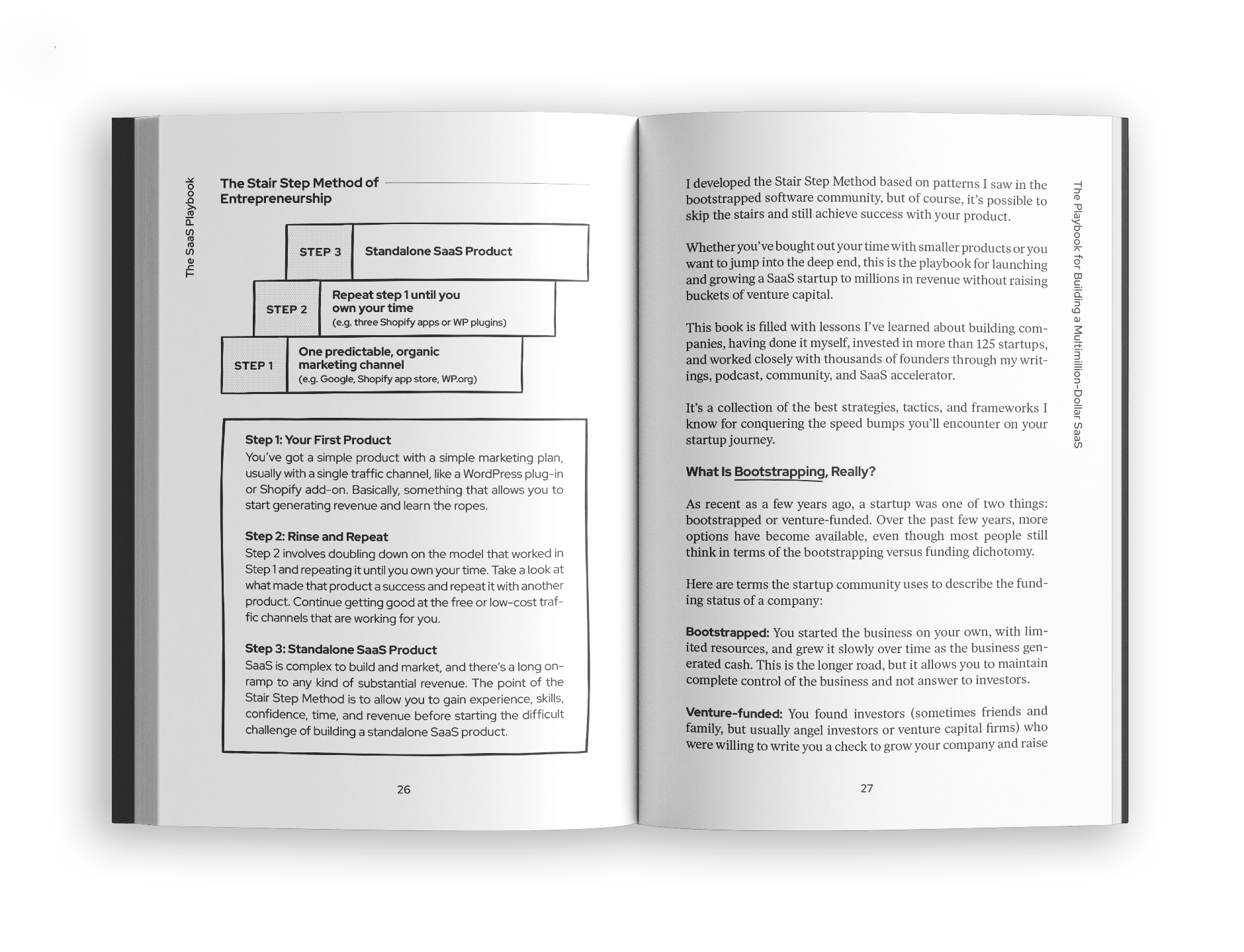 Open book showing pages about entrepreneurship and SaaS product development, with a diagram illustrating the staircase method of starting a SaaS business.
