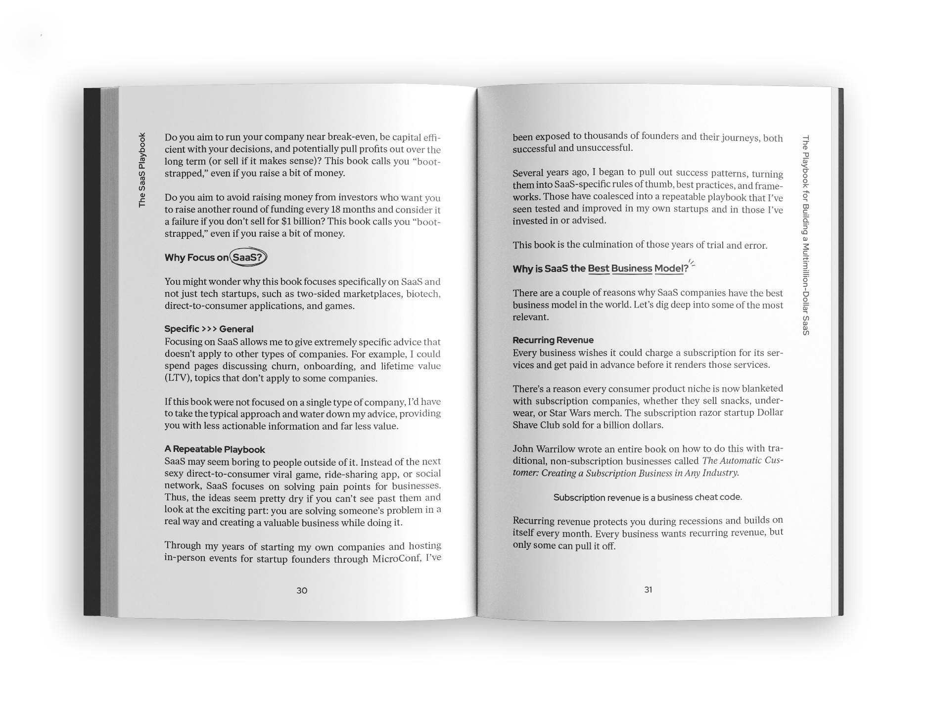 Open book showing pages 30 and 31. The pages contain text discussing SaaS, startups, and business strategies, with some headings and highlighted terms. The book is placed on a black background.