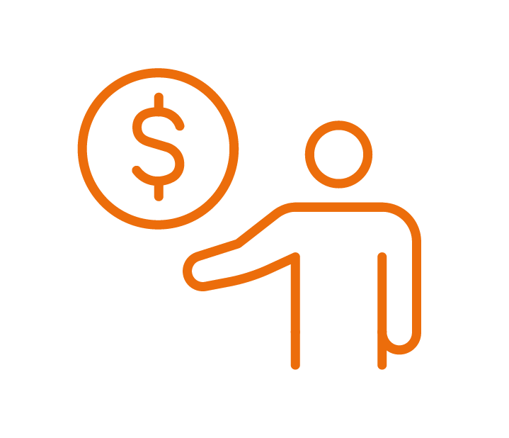 Outline of a person pointing at a dollar sign icon.