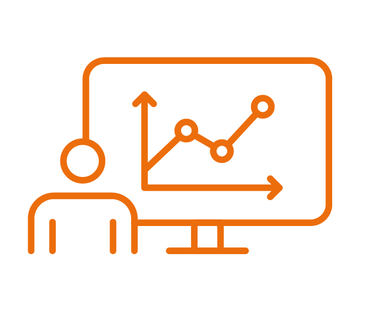 An orange outline illustration of a person presenting data on a line graph displayed on a screen.