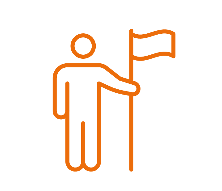 Outline of a person next to a flag on a pole, drawn in orange on a black background.