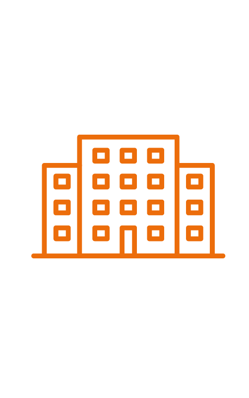 Outline drawing of a multi-story building with central entrance, highlighted in orange on a black background.