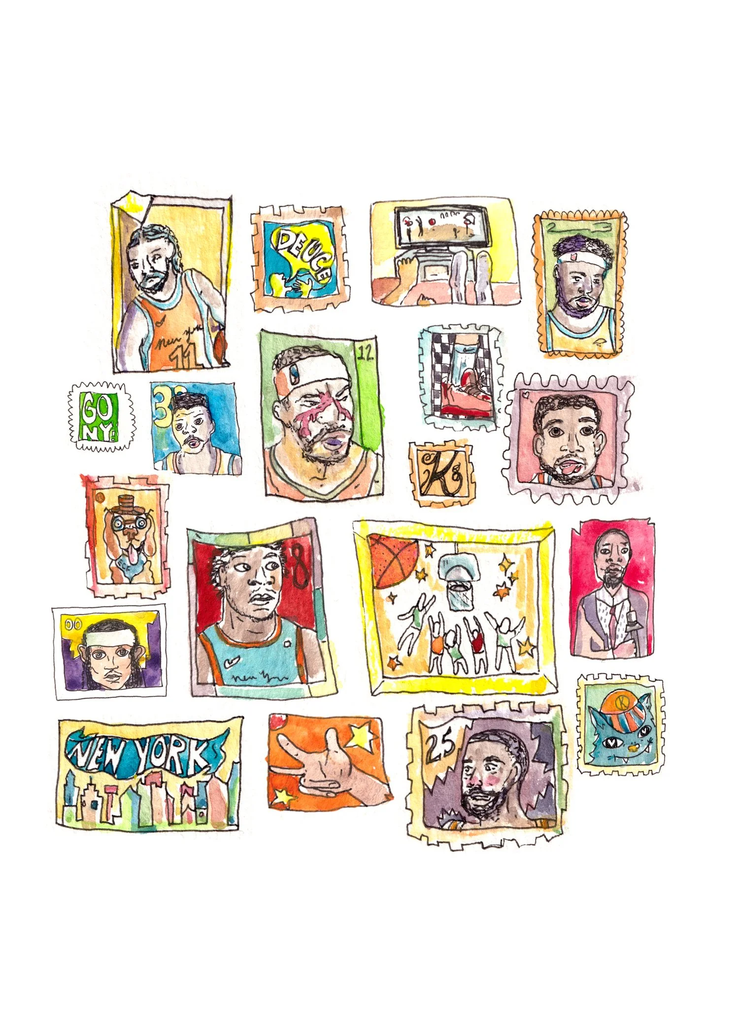 Colorful illustration of various postage stamps with portraits, symbols, and text, arranged on a white background.